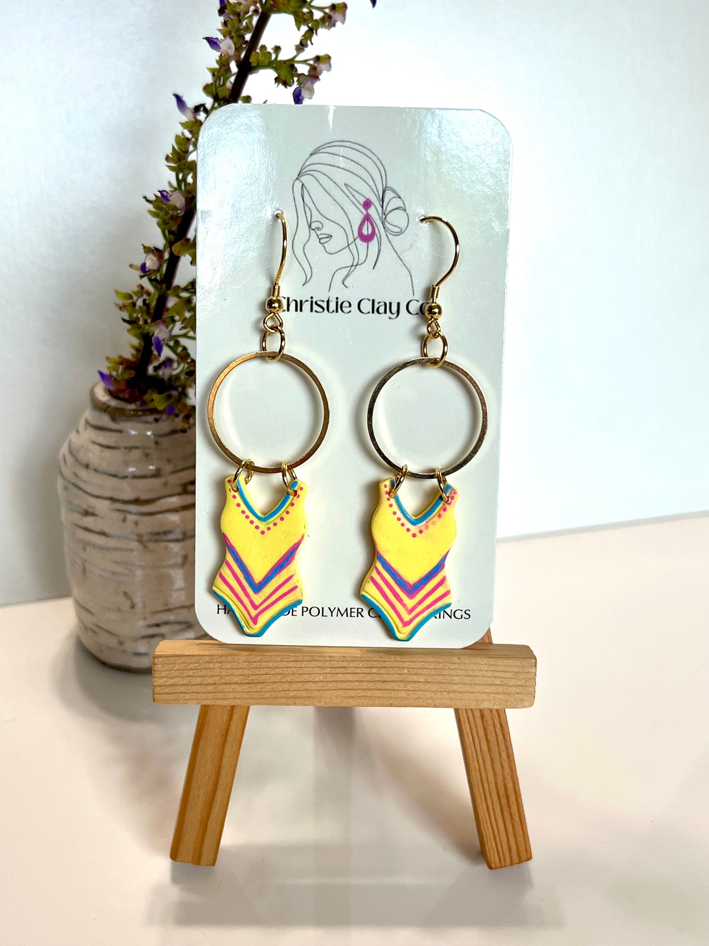 Bathing Suit-Yellow with colorful design dangles