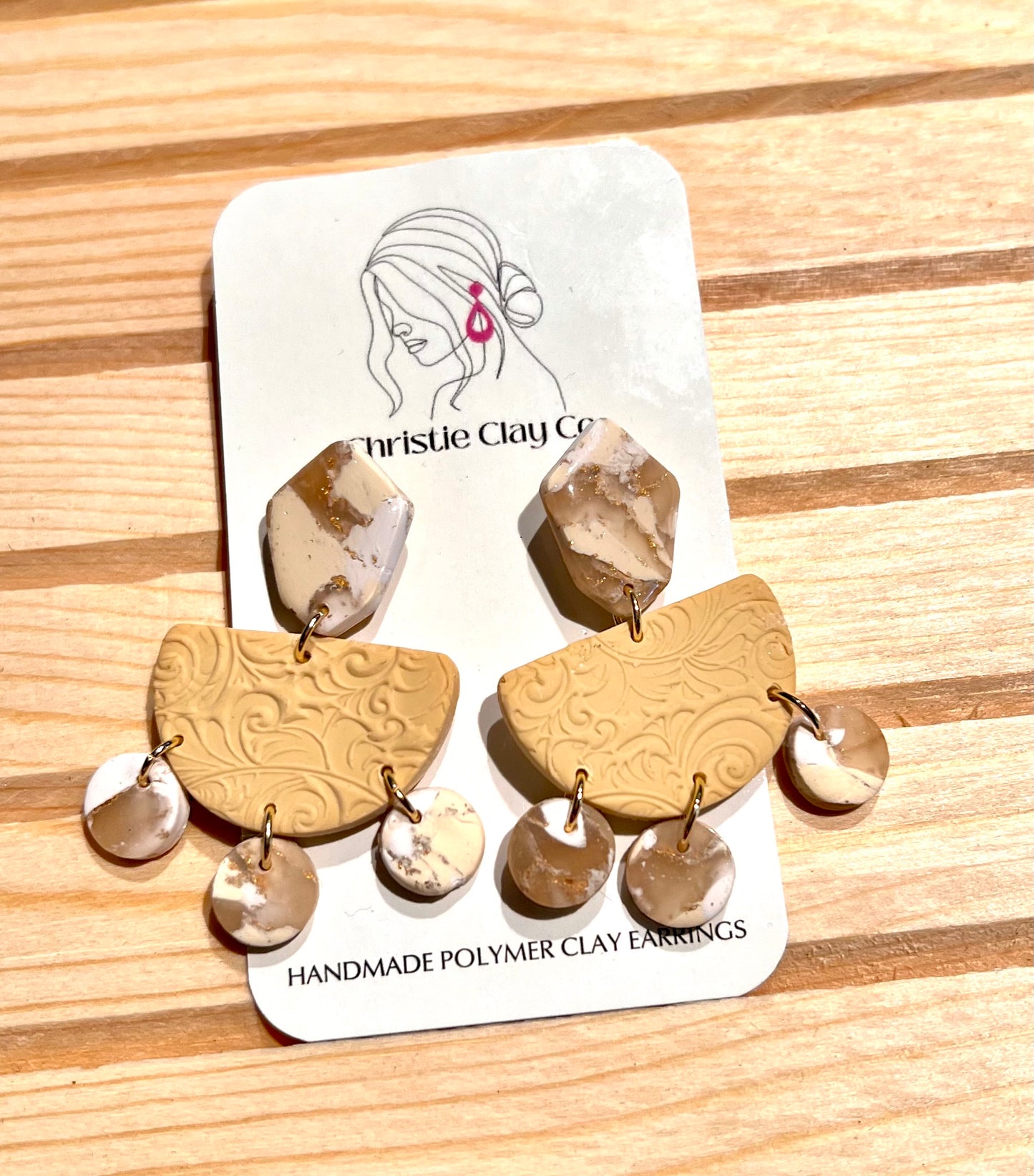 Neutral Marble. Half Circle Texture Dangles