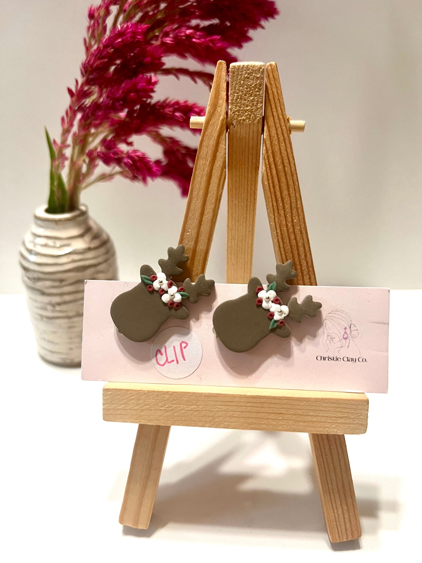 Christmas-Reindeer with poinsettia clip-on earrings