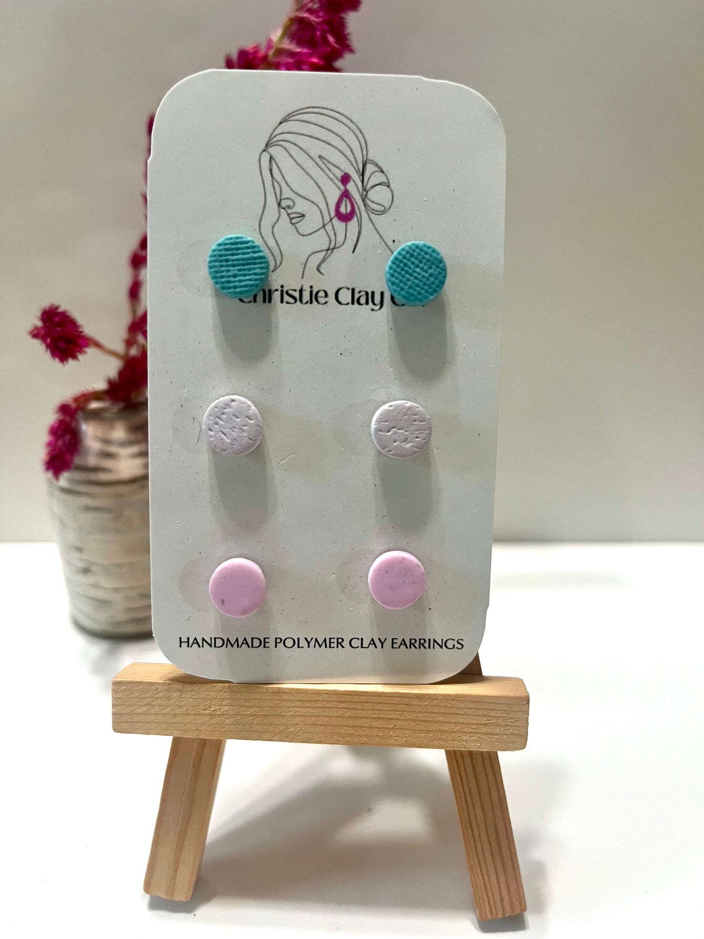 Micro dots-Set of three studs blue, light pink, and pink