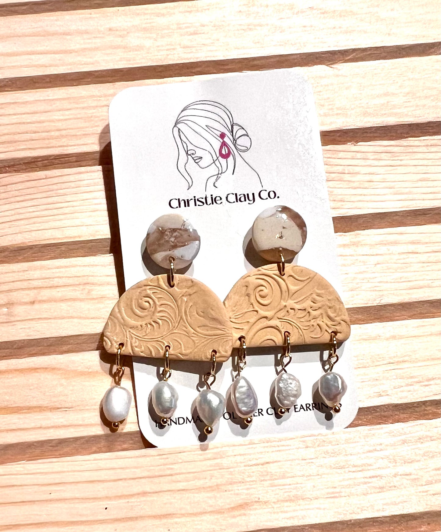 Neutral Marble. Half Circle Dangle with Pearl