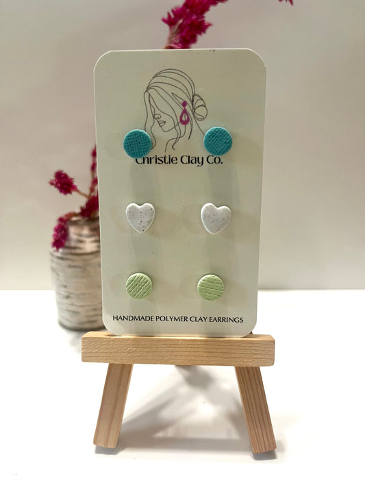 Micro dots- Set of three studs with blue, white heart, and green