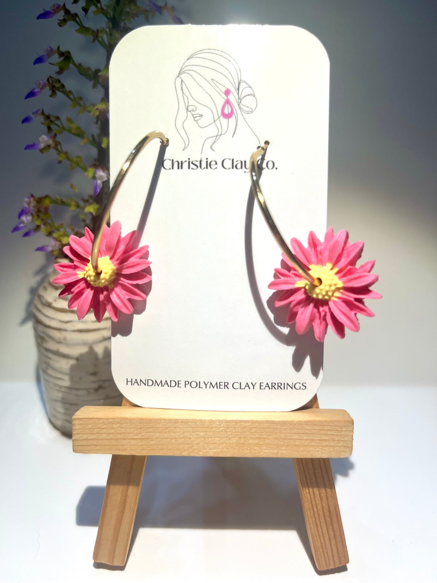 Pink flowers large gold hoops