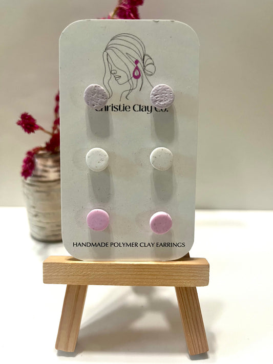 Micro dots-Set of three studs light purple, white, and pink