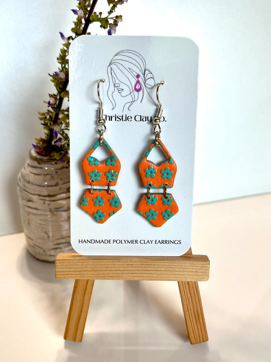 Bathing Suit-Orange with turquoise floral design dangles