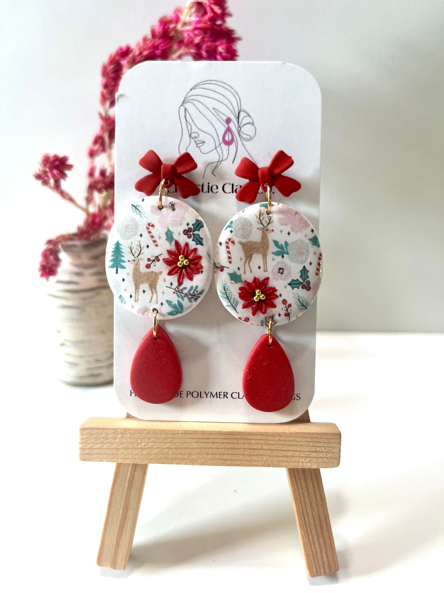 Christmas-Red bow two tier drop with holiday print design