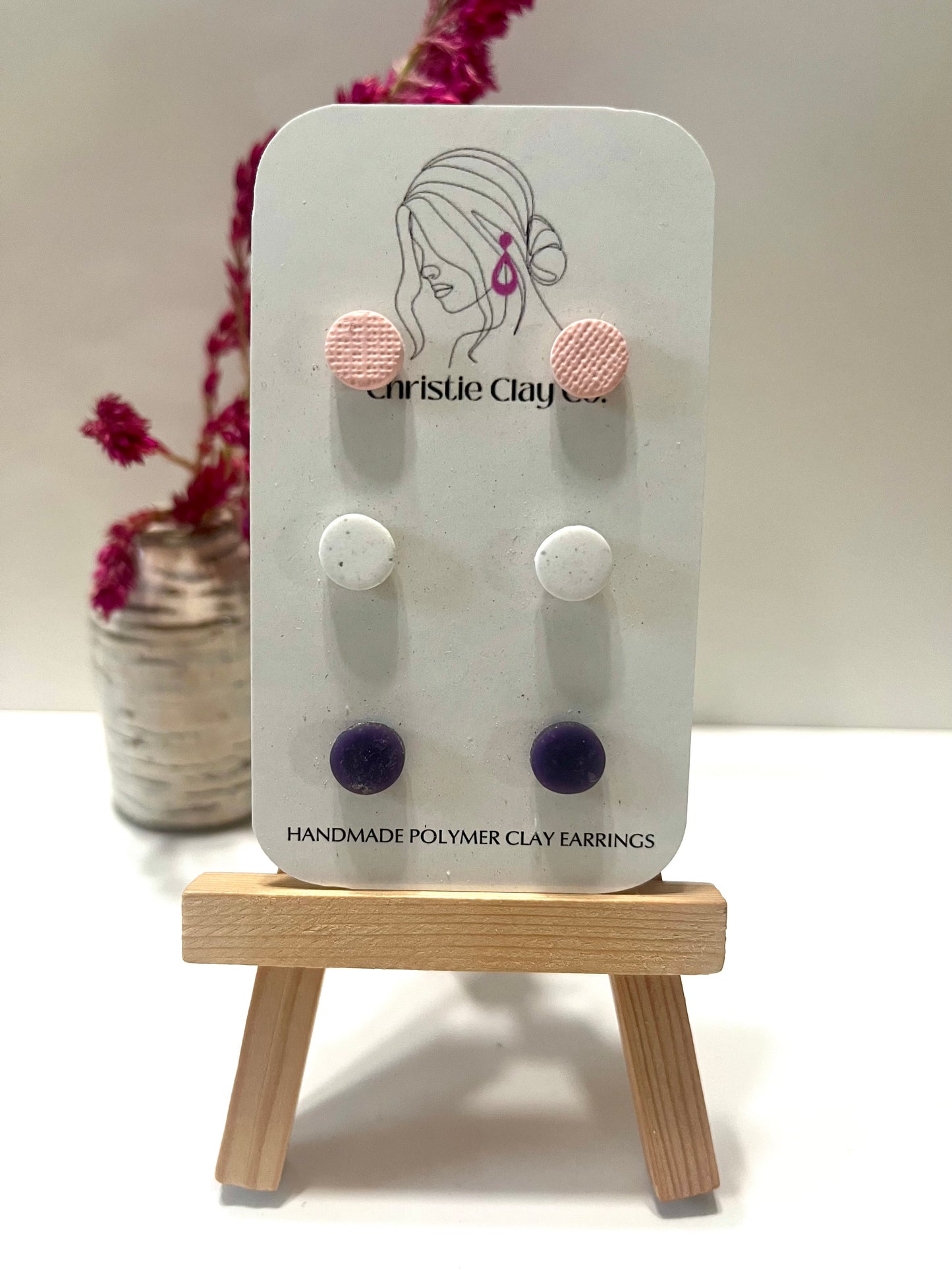 Micro dots-Set of three studs pink, white, and dark purple