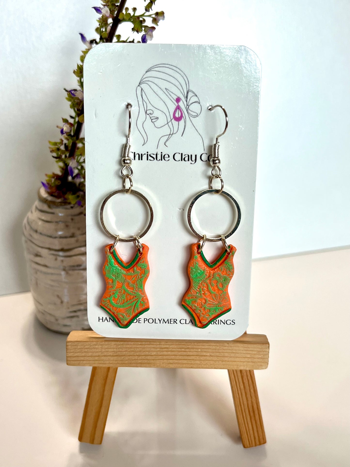 Bathing Suit-Orange with green design dangles