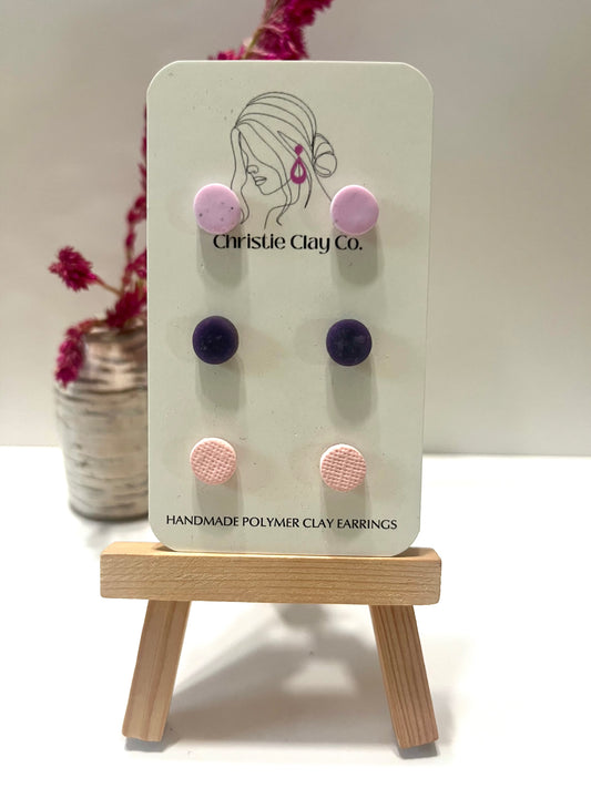 Micro dots-Set of three studs purple, dark purple, and pink