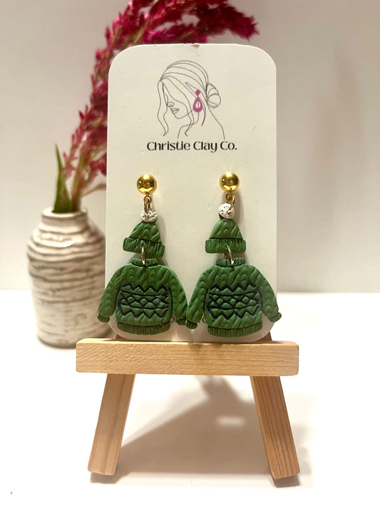 Winter-Green hat and sweater with blue imprint