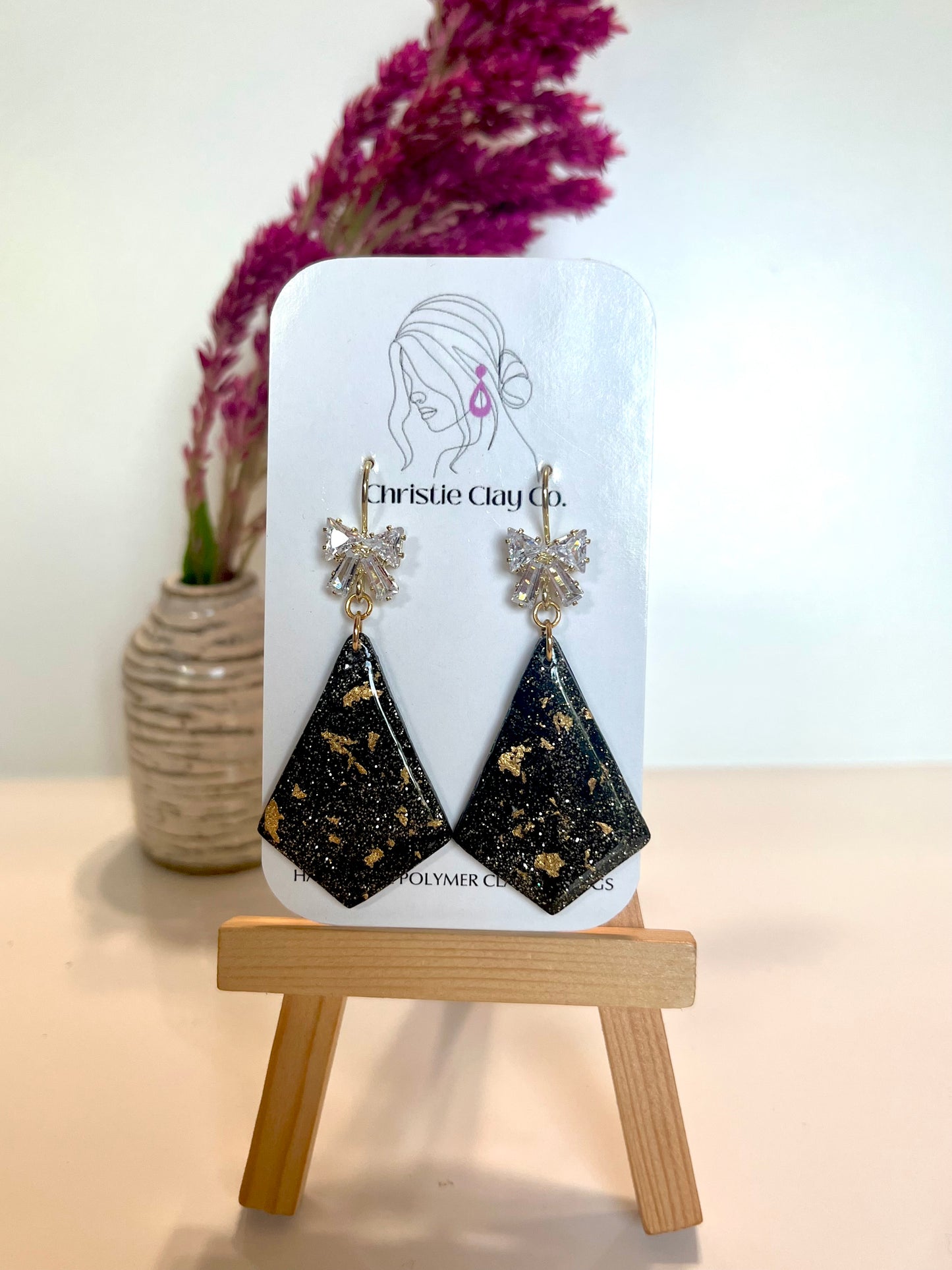 New Year’s Eve-Gold flake dangle drops with CZ bow detail